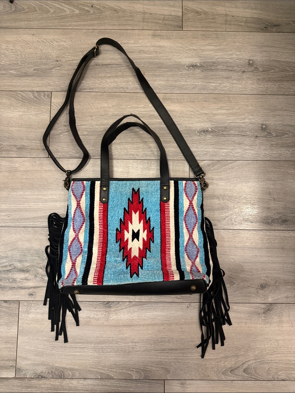 Turquoise & Red Southwestern Fringe Tote Bag
